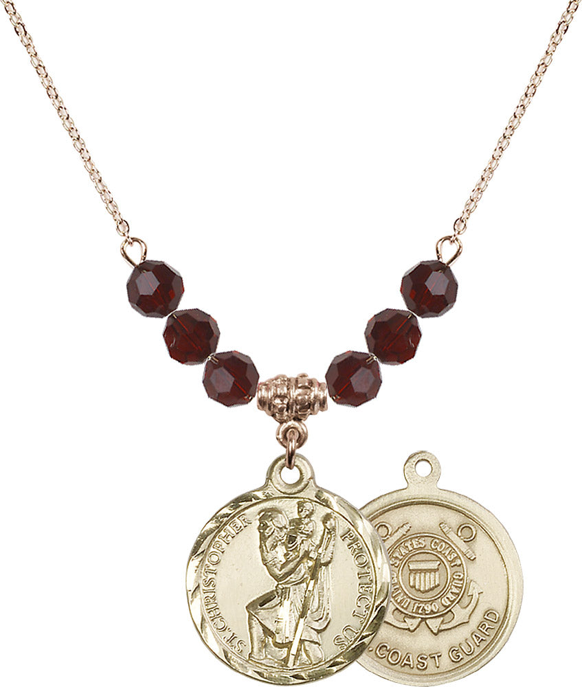 14kt Gold Filled Saint Christopher / Coast Guard Birthstone Necklace with Garnet Beads - 0192