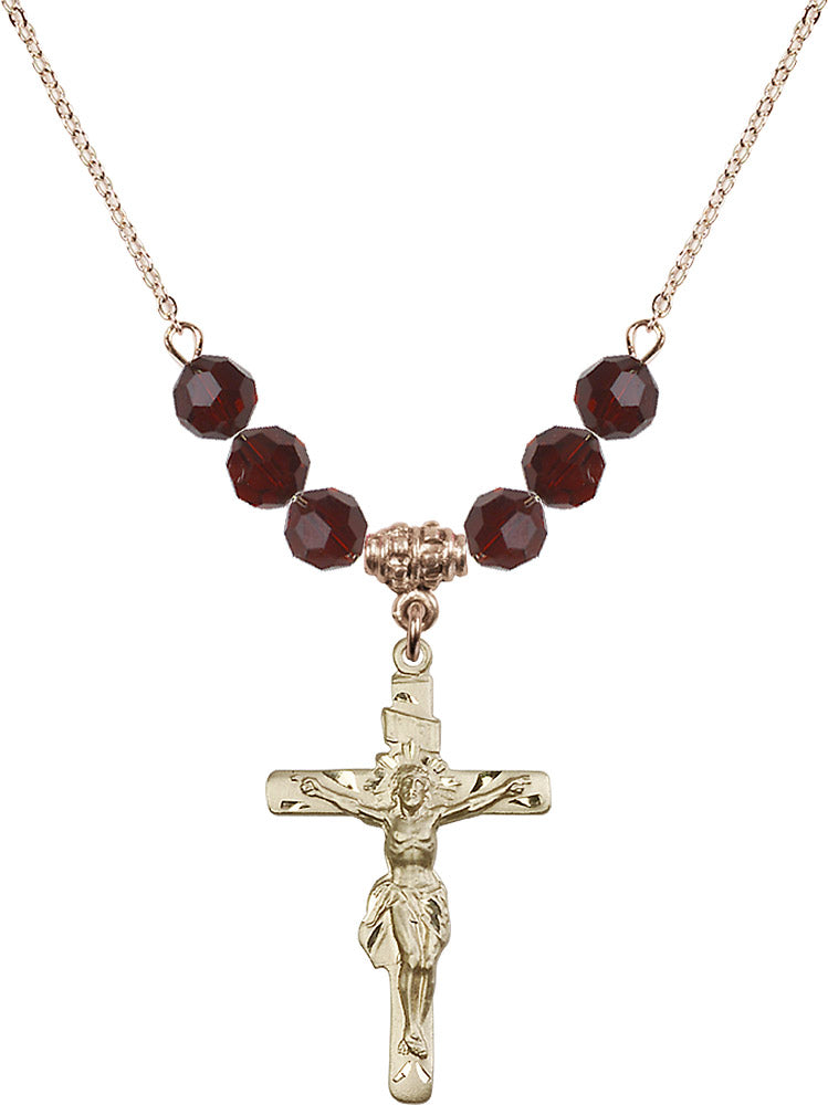 14kt Gold Filled Crucifix Birthstone Necklace with Garnet Beads - 0668