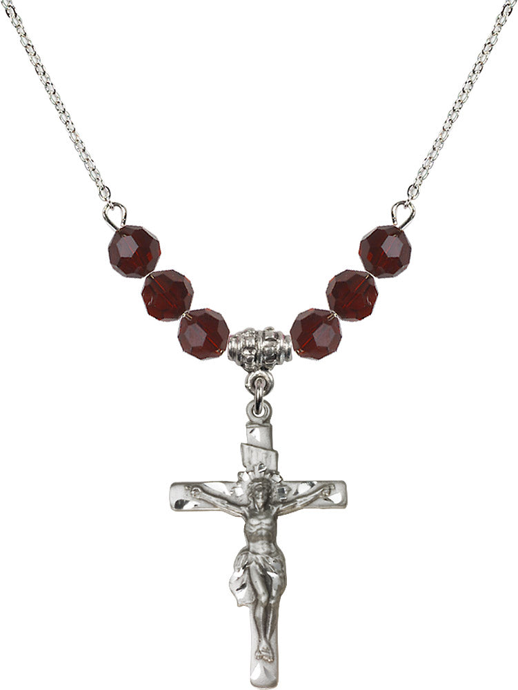 Sterling Silver Crucifix Birthstone Necklace with Garnet Beads - 0668