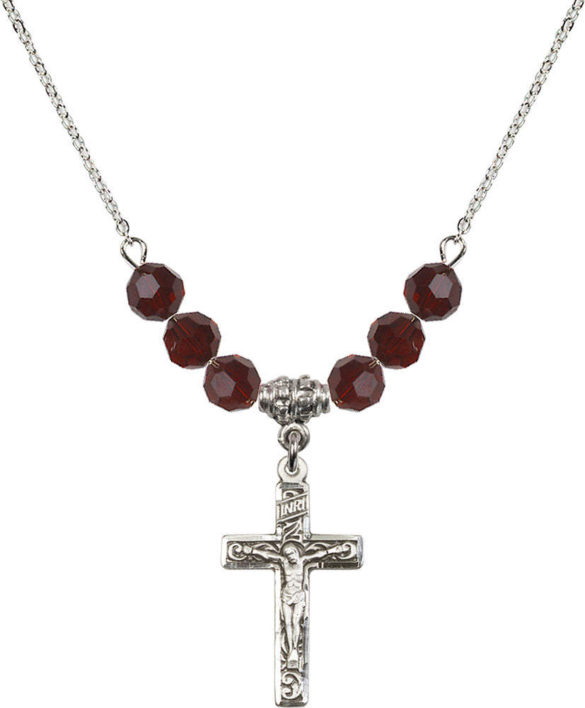 Sterling Silver Crucifix Birthstone Necklace with Garnet Beads - 0673