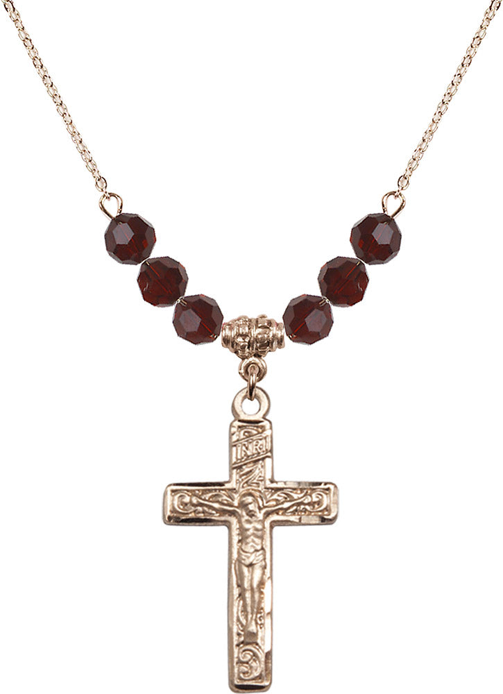 14kt Gold Filled Crucifix Birthstone Necklace with Garnet Beads - 0674