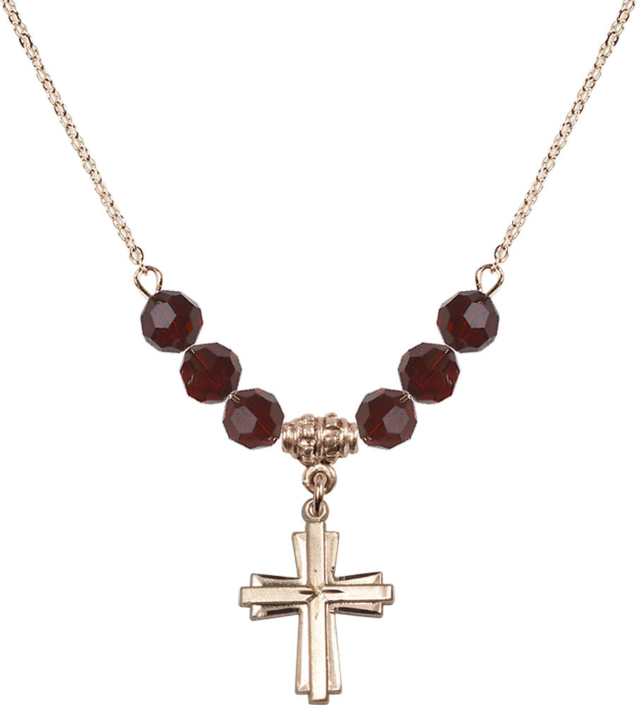 14kt Gold Filled Cross Birthstone Necklace with Garnet Beads - 0675