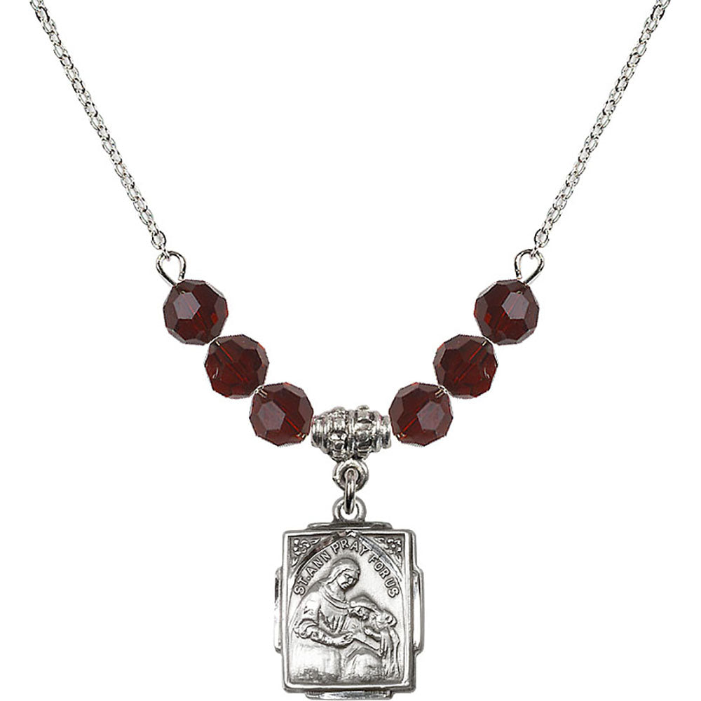 Sterling Silver Saint Ann Birthstone Necklace with Garnet Beads - 0804