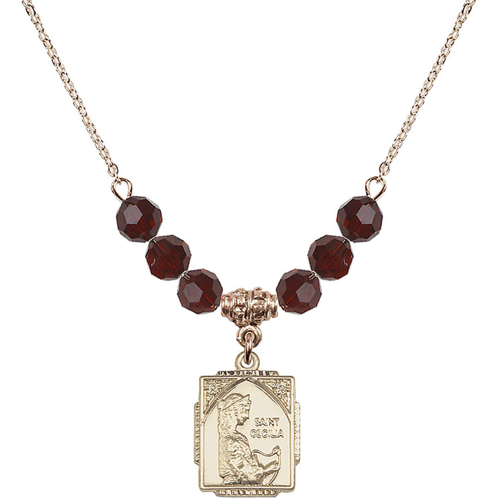 14kt Gold Filled Saint Cecilia Birthstone Necklace with Garnet Beads - 0804