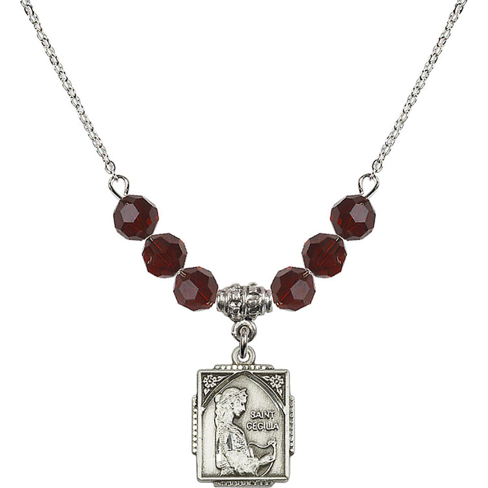 Sterling Silver Saint Cecilia Birthstone Necklace with Garnet Beads - 0804