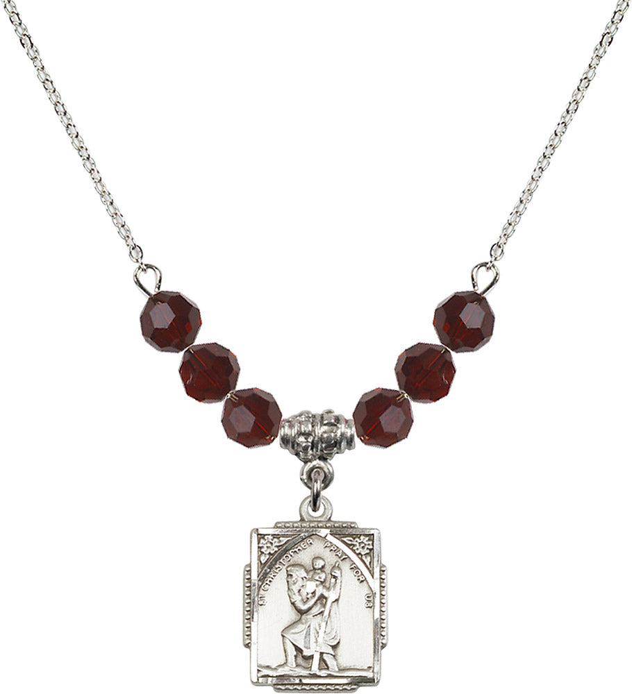 Sterling Silver Saint Christopher Birthstone Necklace with Garnet Beads - 0804