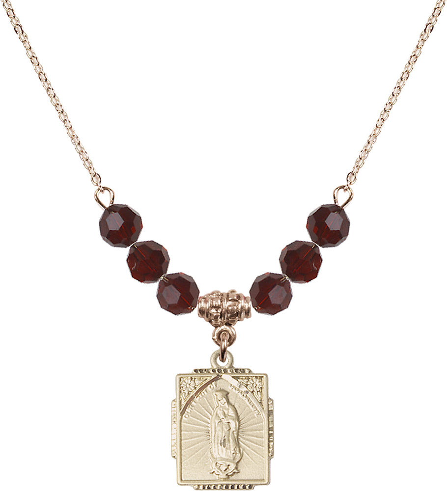 14kt Gold Filled Our Lady of Guadalupe Birthstone Necklace with Garnet Beads - 0804