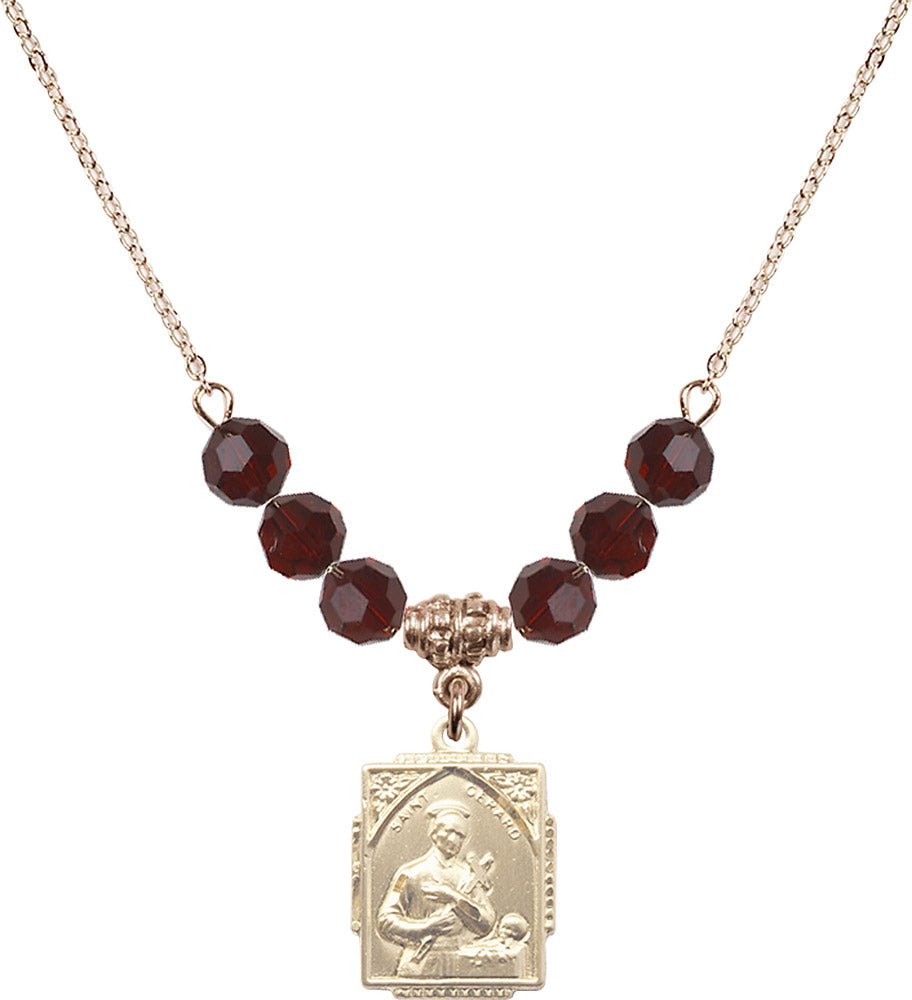 14kt Gold Filled Saint Gerard Birthstone Necklace with Garnet Beads - 0804