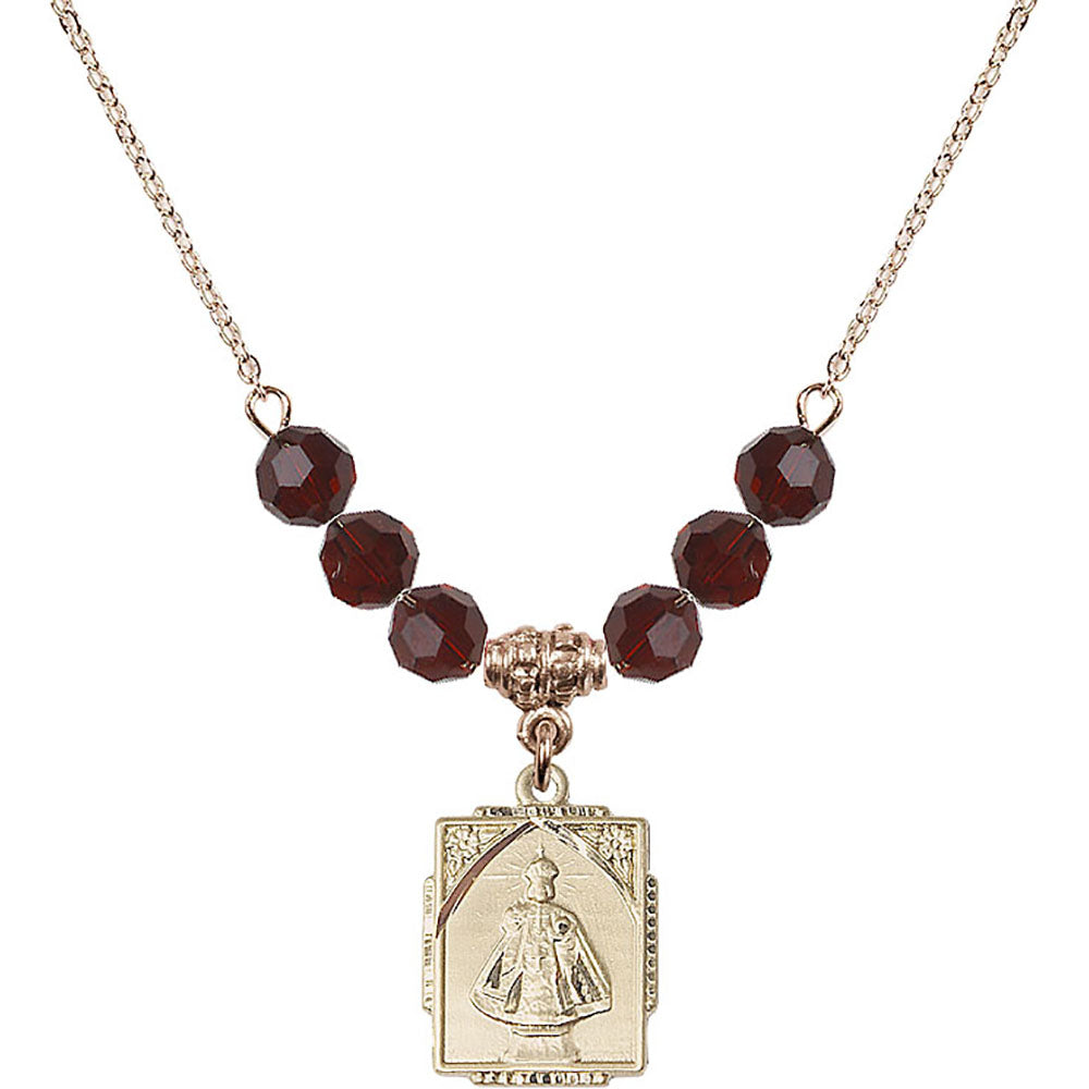 14kt Gold Filled Infant of Prague Birthstone Necklace with Garnet Beads - 0804