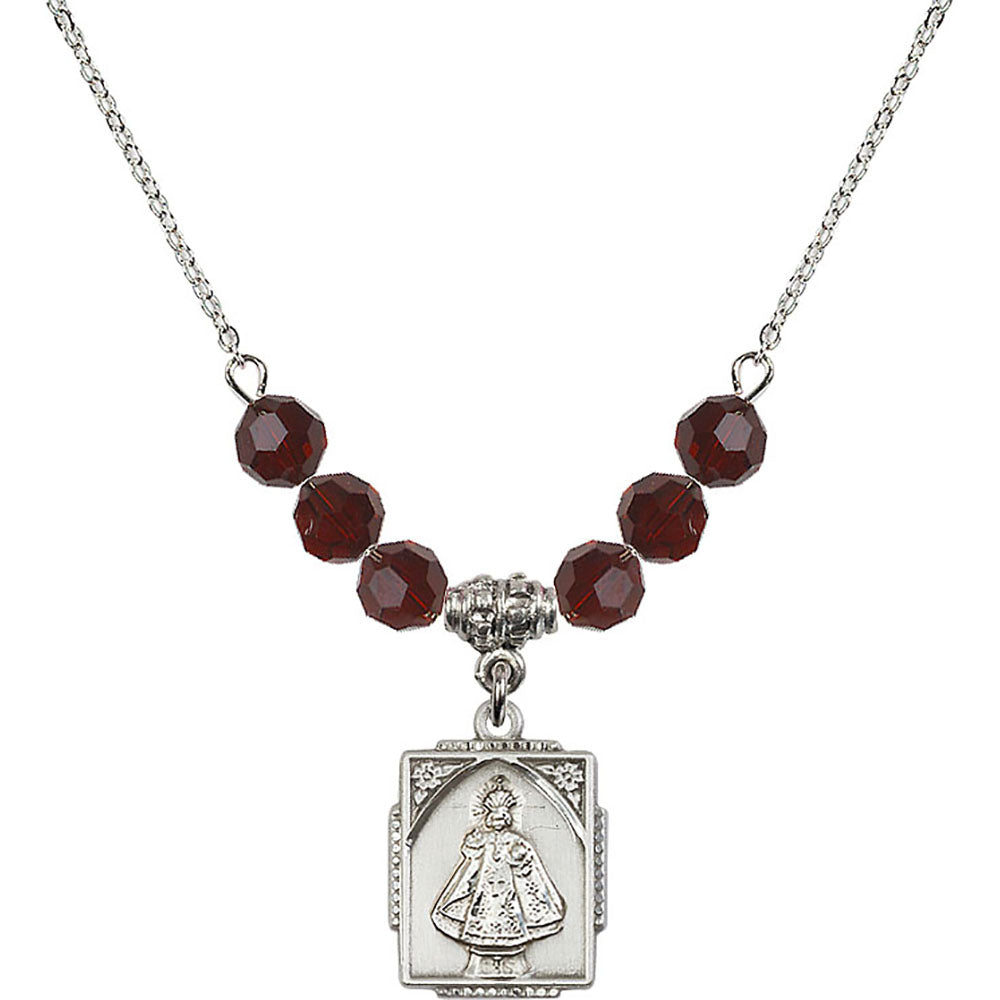 Sterling Silver Infant of Prague Birthstone Necklace with Garnet Beads - 0804