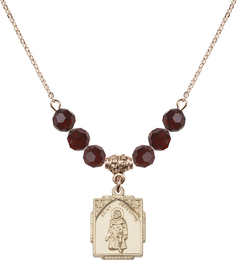 14kt Gold Filled Saint Peregrine Birthstone Necklace with Garnet Beads - 0804