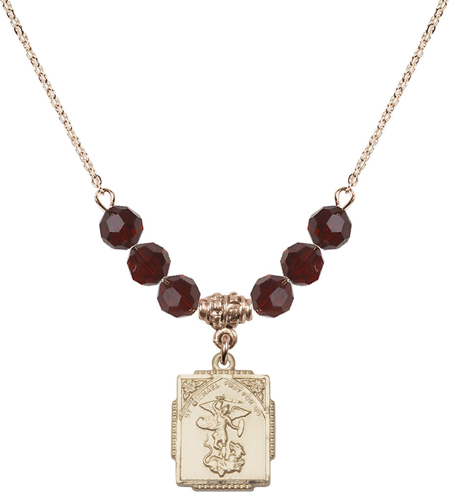 14kt Gold Filled Saint Michael the Archangel Birthstone Necklace with Garnet Beads - 0804