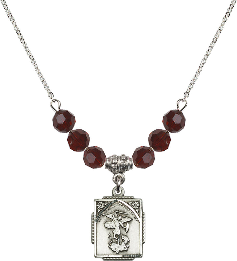 Sterling Silver Saint Michael the Archangel Birthstone Necklace with Garnet Beads - 0804