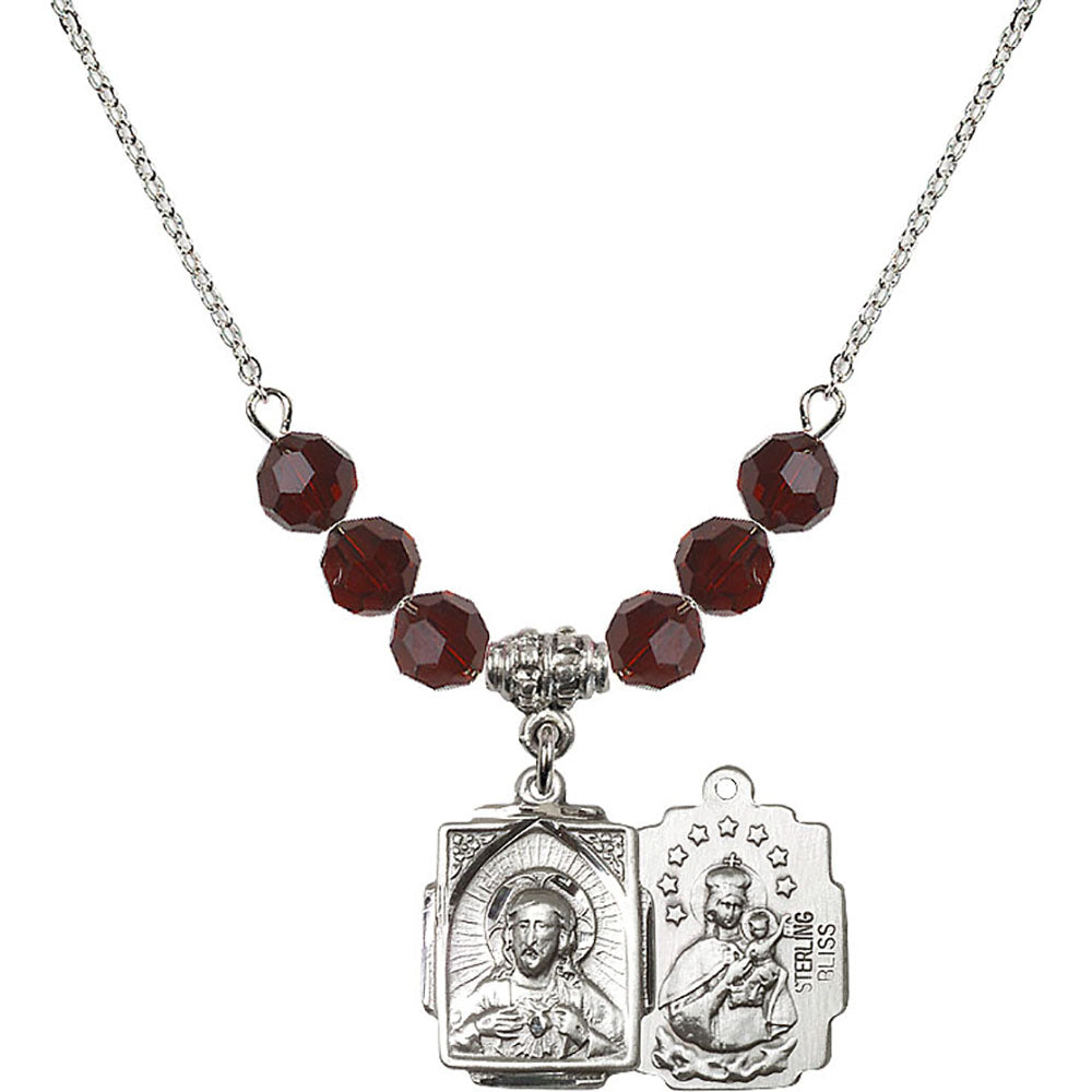 Sterling Silver Scapular Birthstone Necklace with Garnet Beads - 0804