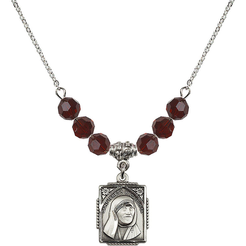Sterling Silver Saint Teresa of Calcutta Birthstone Necklace with Garnet Beads - 0804