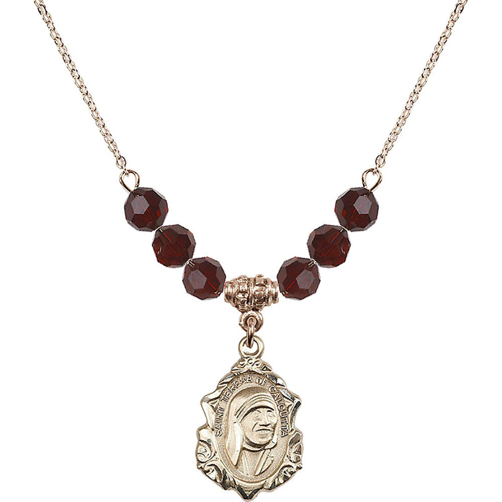14kt Gold Filled Saint Teresa of Calcutta Birthstone Necklace with Garnet Beads - 0812