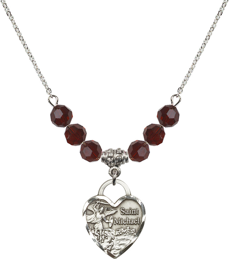 Sterling Silver Saint Michael the Archangel Birthstone Necklace with Garnet Beads - 3203