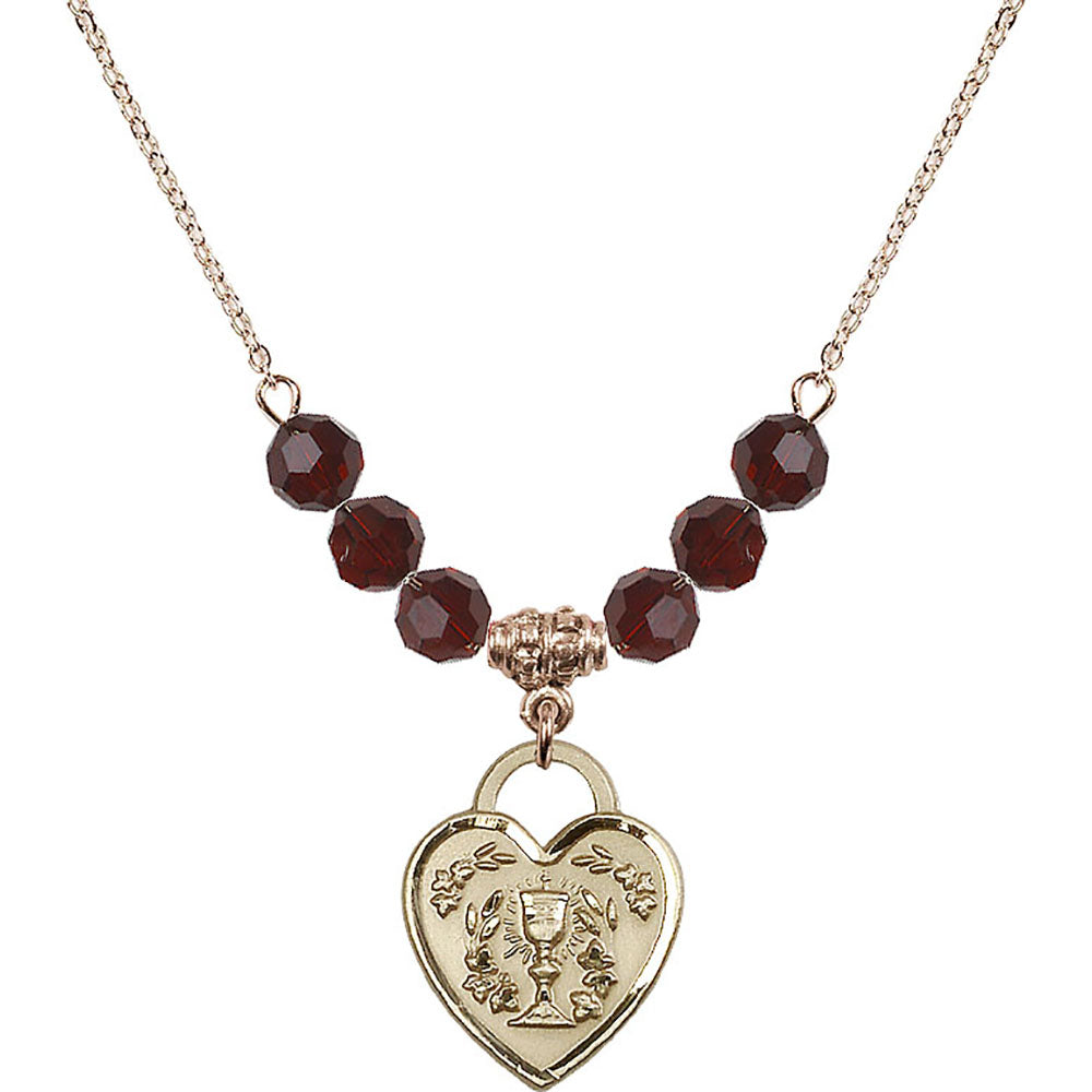 14kt Gold Filled Communion Heart Birthstone Necklace with Garnet Beads - 3204