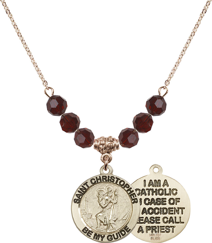 14kt Gold Filled Saint Christopher Birthstone Necklace with Garnet Beads - 4049