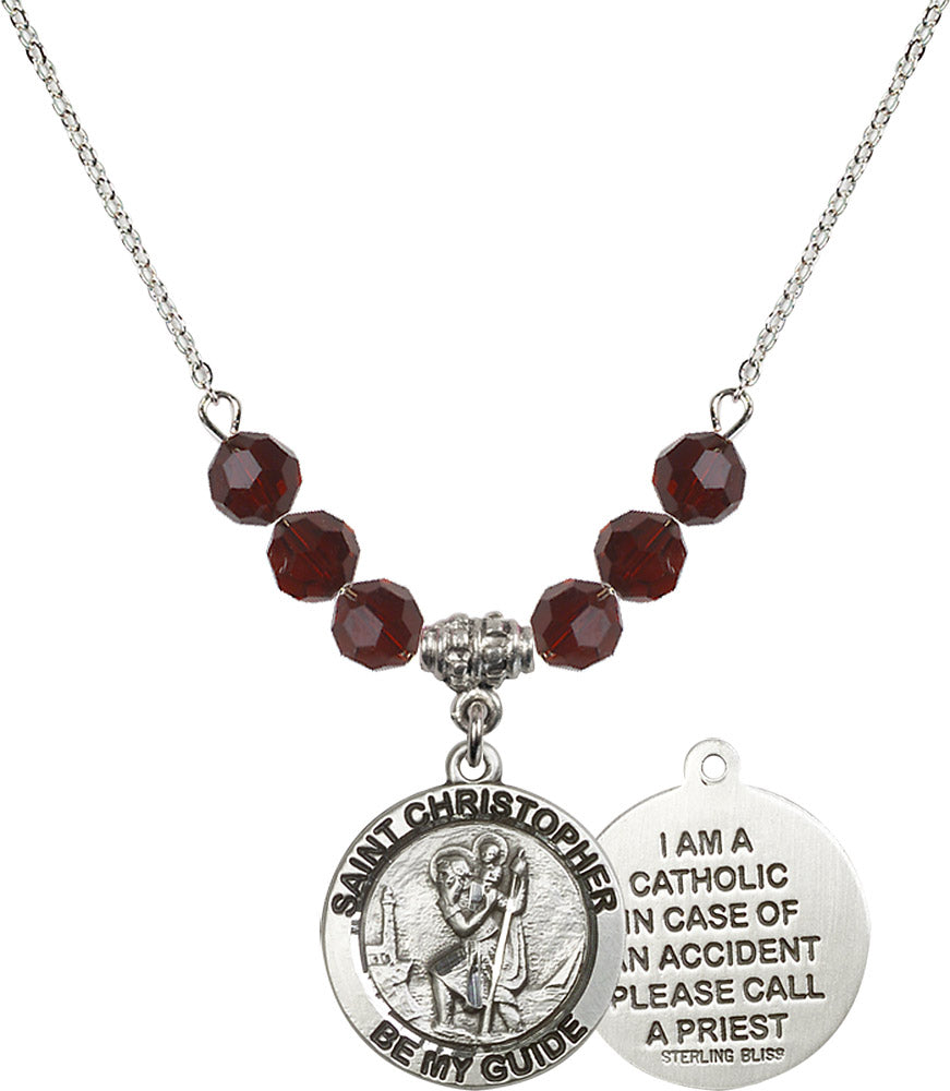 Sterling Silver Saint Christopher Birthstone Necklace with Garnet Beads - 4049