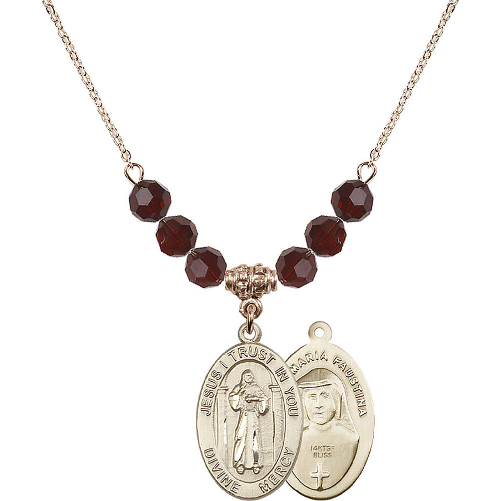 14kt Gold Filled Divine Mercy Birthstone Necklace with Garnet Beads - 4123