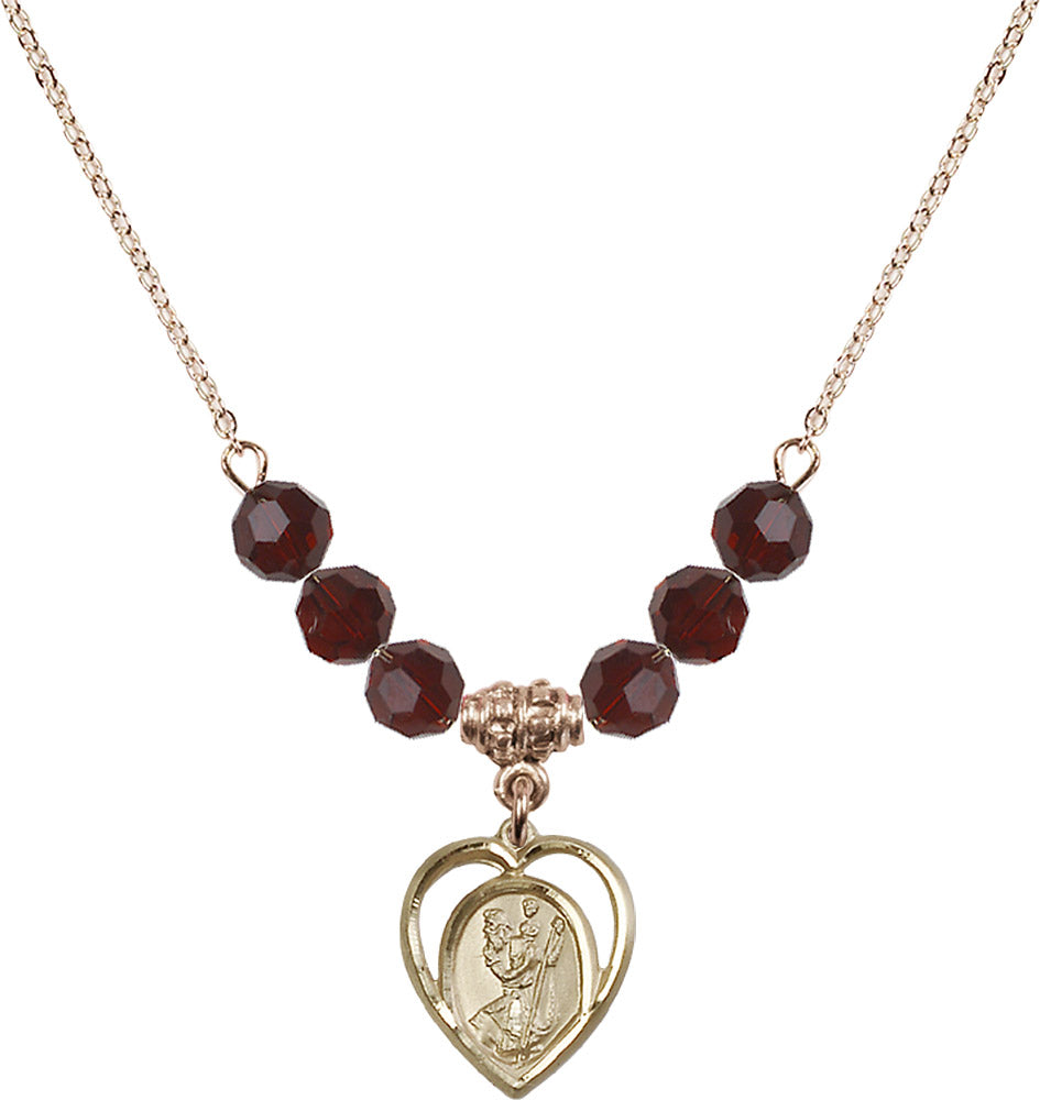 14kt Gold Filled Saint Christopher Birthstone Necklace with Garnet Beads - 4127