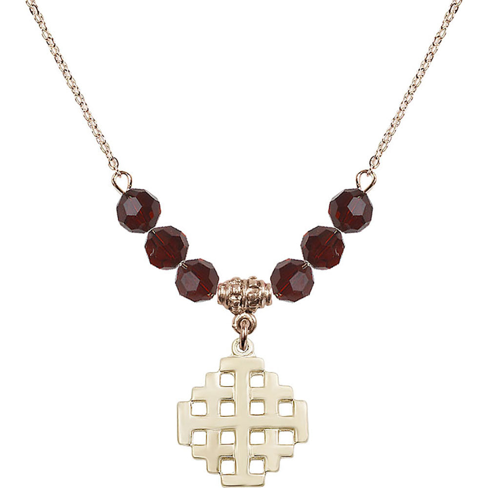14kt Gold Filled Jerusalem Cross Birthstone Necklace with Garnet Beads - 4139