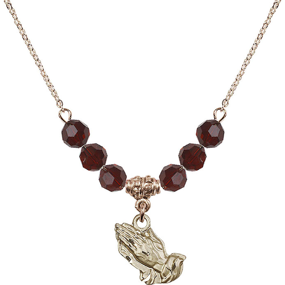 14kt Gold Filled Praying Hands Birthstone Necklace with Garnet Beads - 4219