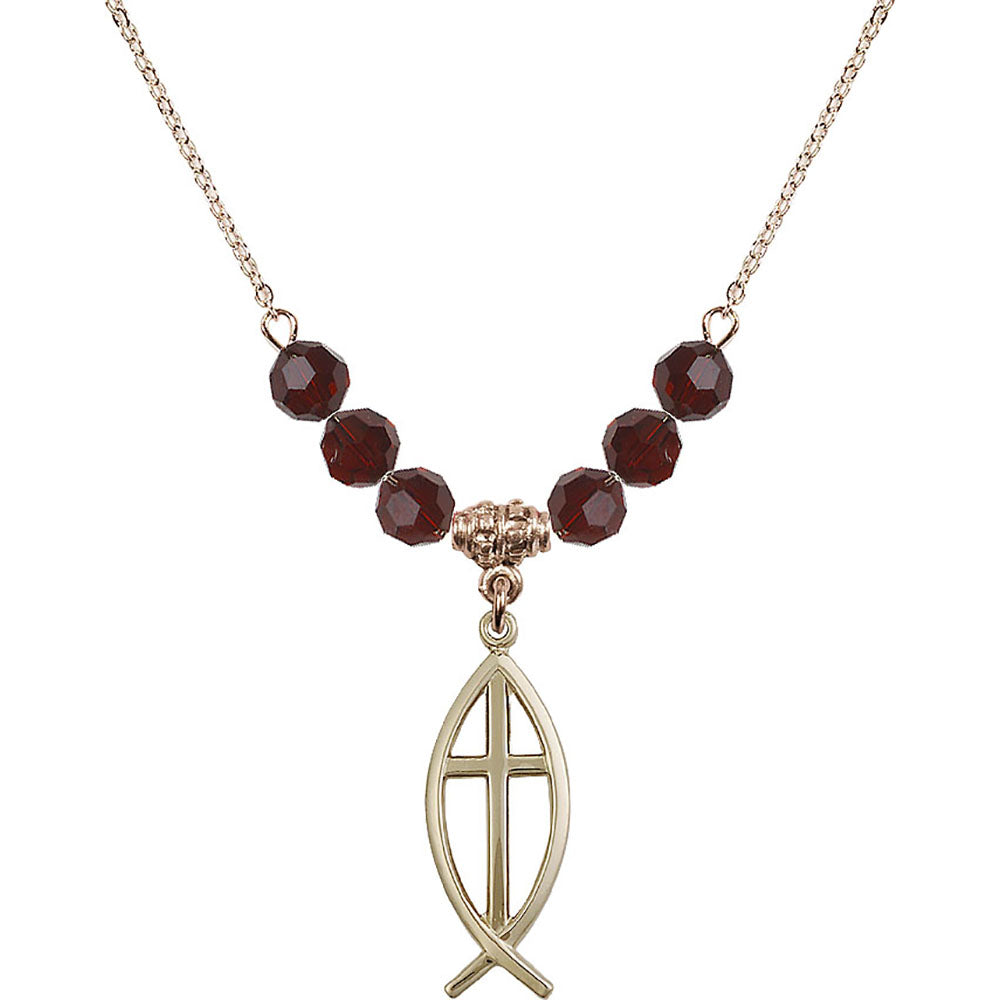 14kt Gold Filled Fish / Cross Birthstone Necklace with Garnet Beads - 4252