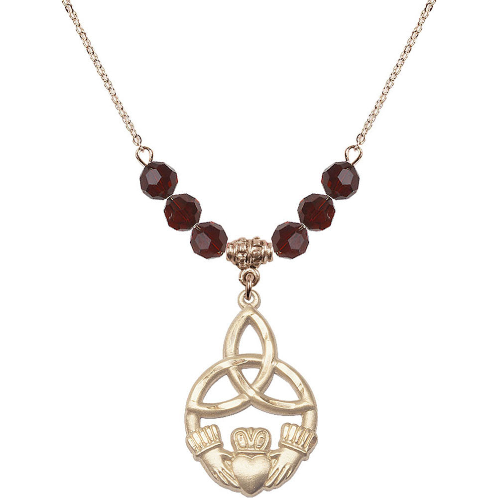14kt Gold Filled Irish Knot / Claddagh Birthstone Necklace with Garnet Beads - 5102
