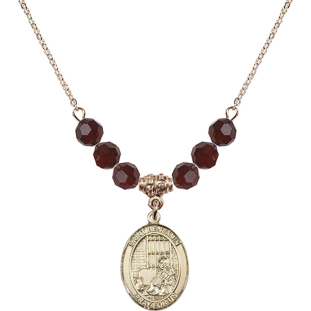 14kt Gold Filled Saint Benjamin Birthstone Necklace with Garnet Beads - 8013