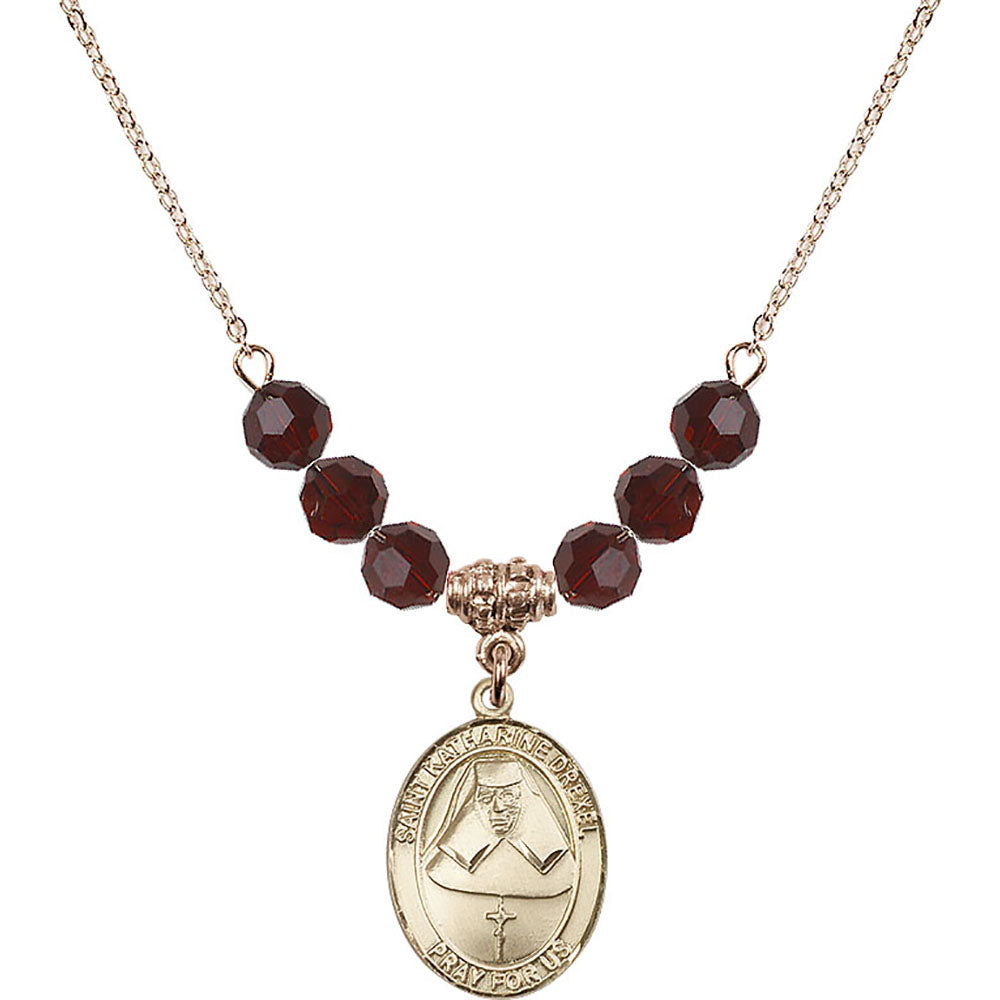 14kt Gold Filled Saint Katharine Drexel Birthstone Necklace with Garnet Beads - 8015