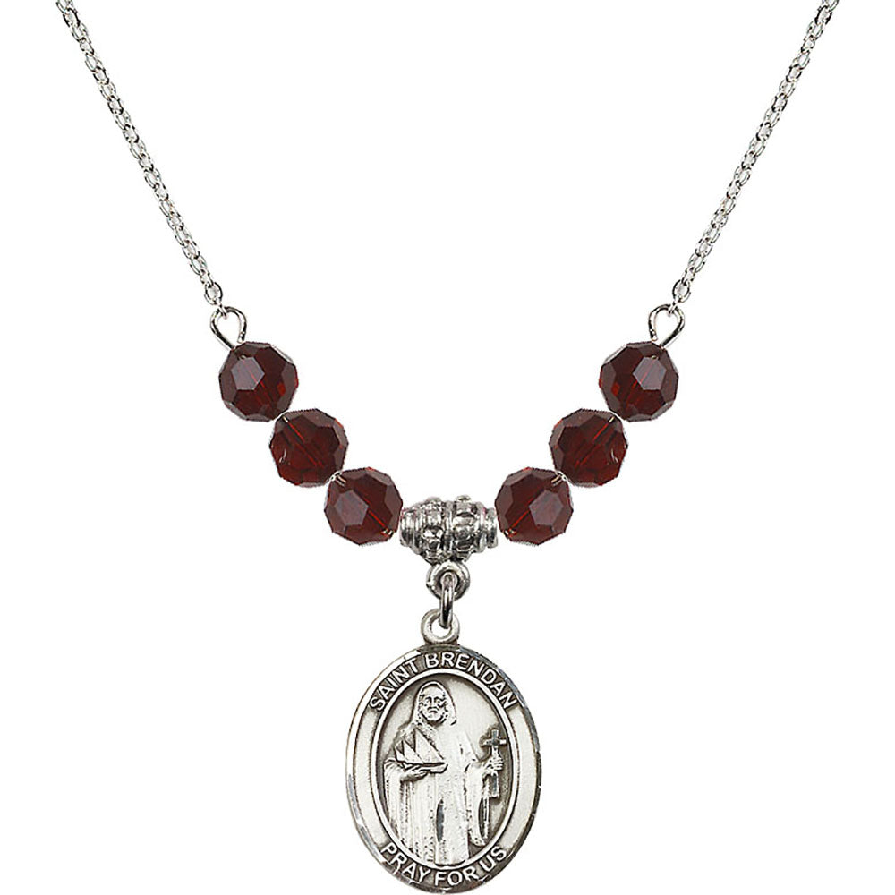Sterling Silver Saint Brendan the Navigator Birthstone Necklace with Garnet Beads - 8018
