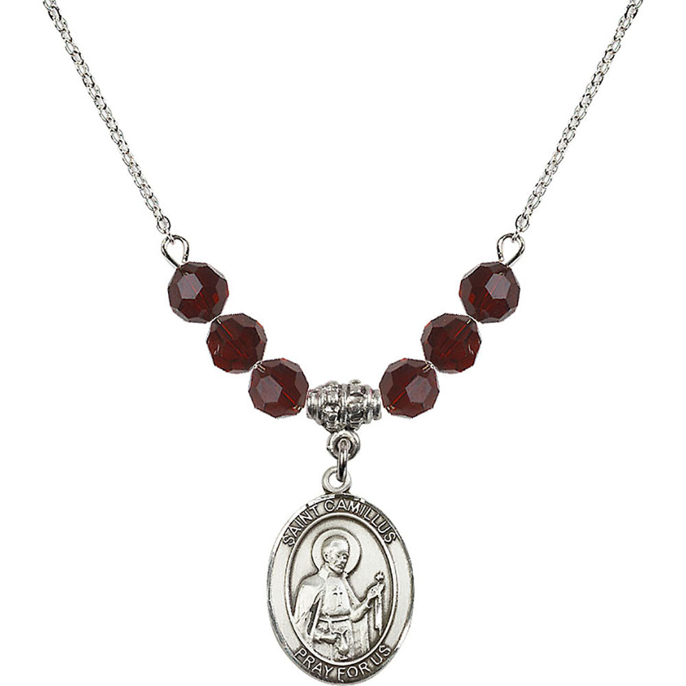 Sterling Silver Saint Camillus of Lellis Birthstone Necklace with Garnet Beads - 8019