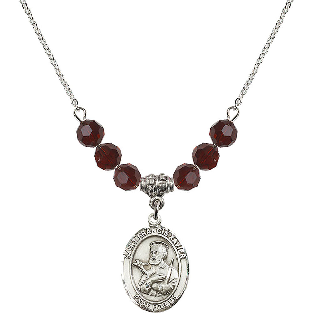 Sterling Silver Saint Francis Xavier Birthstone Necklace with Garnet Beads - 8037