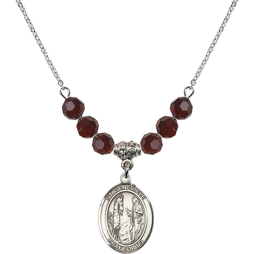 Sterling Silver Saint Genevieve Birthstone Necklace with Garnet Beads - 8041