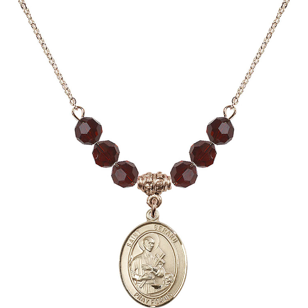 14kt Gold Filled Saint Gerard Majella Birthstone Necklace with Garnet Beads - 8042
