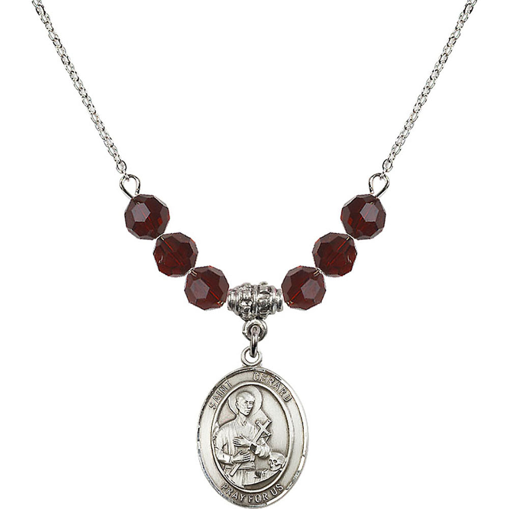 Sterling Silver Saint Gerard Majella Birthstone Necklace with Garnet Beads - 8042