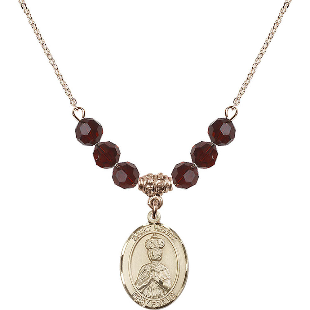 14kt Gold Filled Saint Henry II Birthstone Necklace with Garnet Beads - 8046