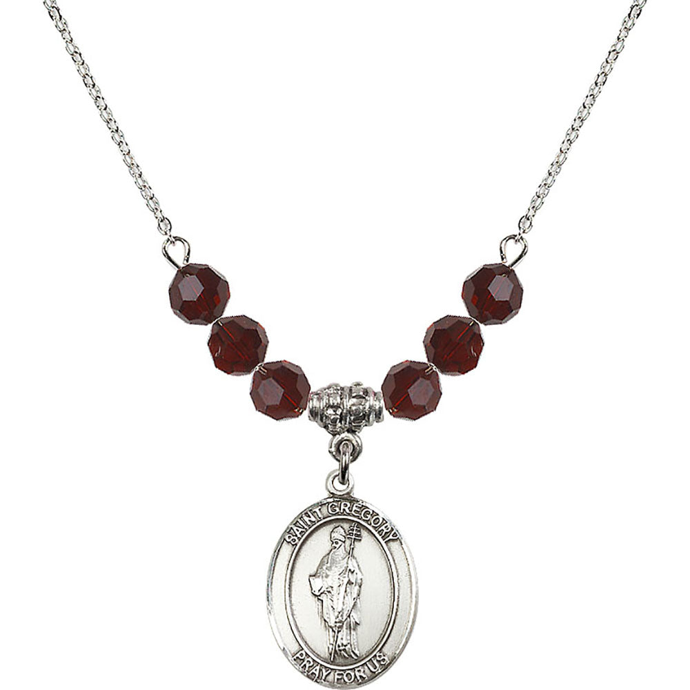 Sterling Silver Saint Gregory the Great Birthstone Necklace with Garnet Beads - 8048