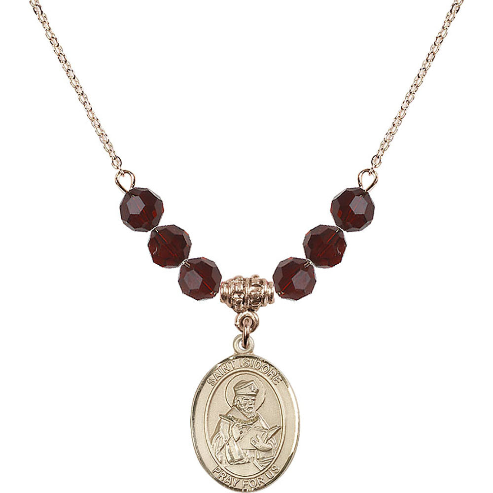 14kt Gold Filled Saint Isidore of Seville Birthstone Necklace with Garnet Beads - 8049
