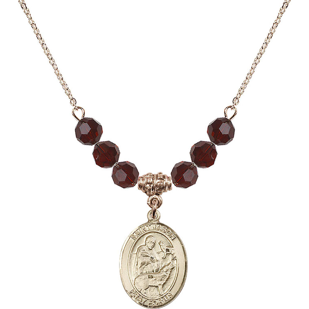 14kt Gold Filled Saint Jason Birthstone Necklace with Garnet Beads - 8051