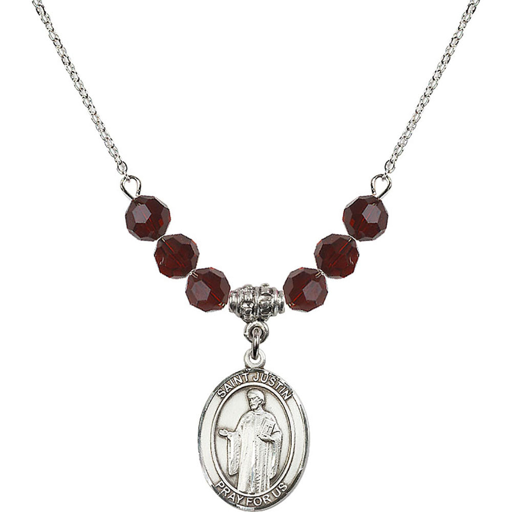 Sterling Silver Saint Justin Birthstone Necklace with Garnet Beads - 8052