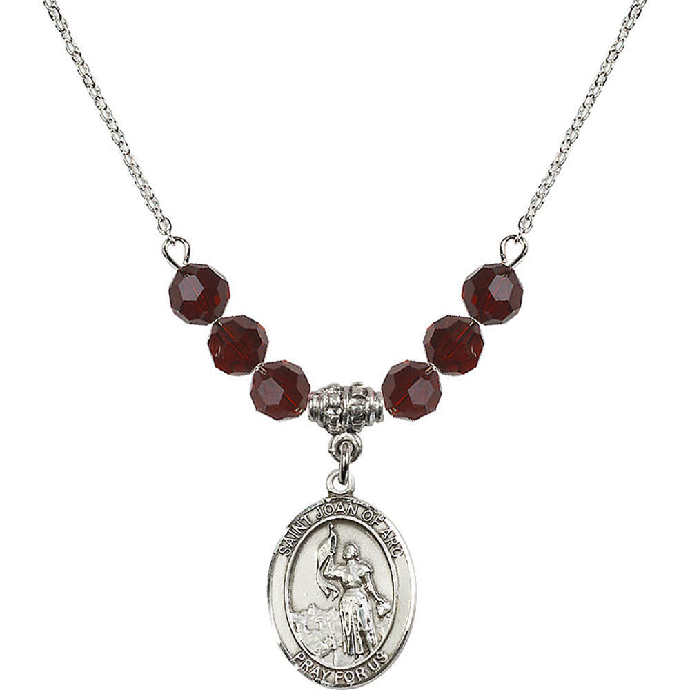 Sterling Silver Saint Joan of Arc Birthstone Necklace with Garnet Beads - 8053
