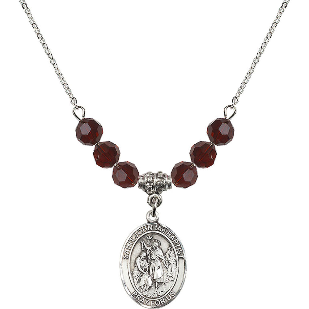 Sterling Silver Saint John the Baptist Birthstone Necklace with Garnet Beads - 8054