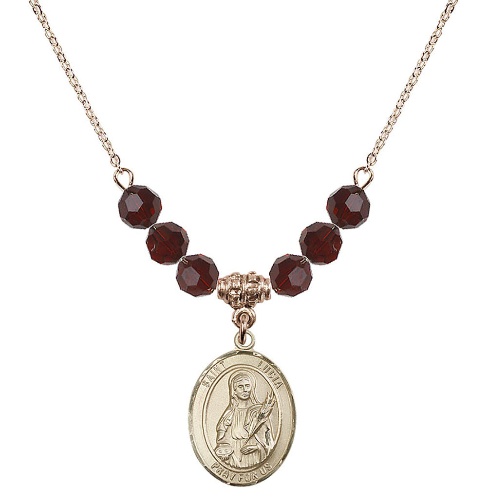 14kt Gold Filled Saint Lucia of Syracuse Birthstone Necklace with Garnet Beads - 8065
