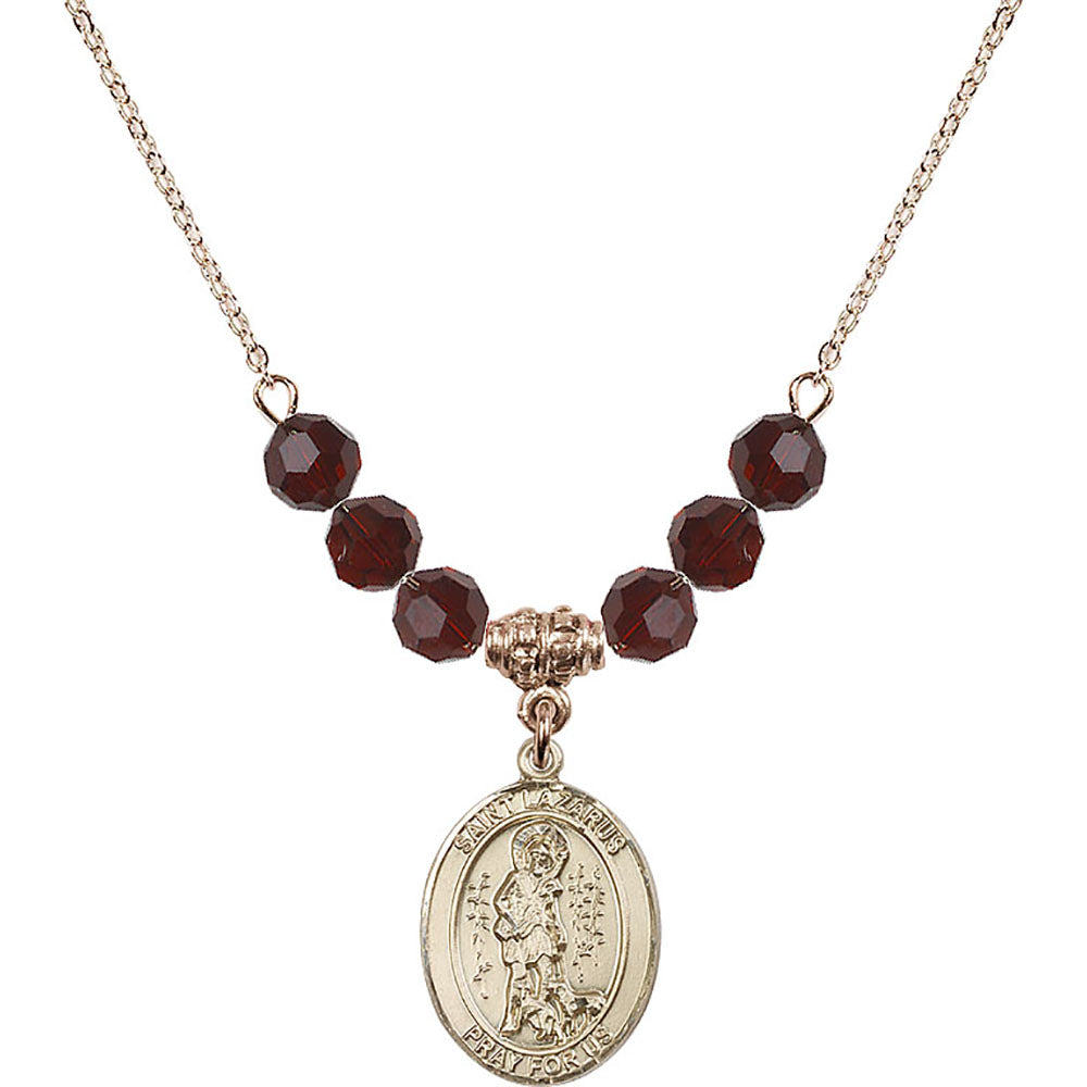 14kt Gold Filled Saint Lazarus Birthstone Necklace with Garnet Beads - 8066