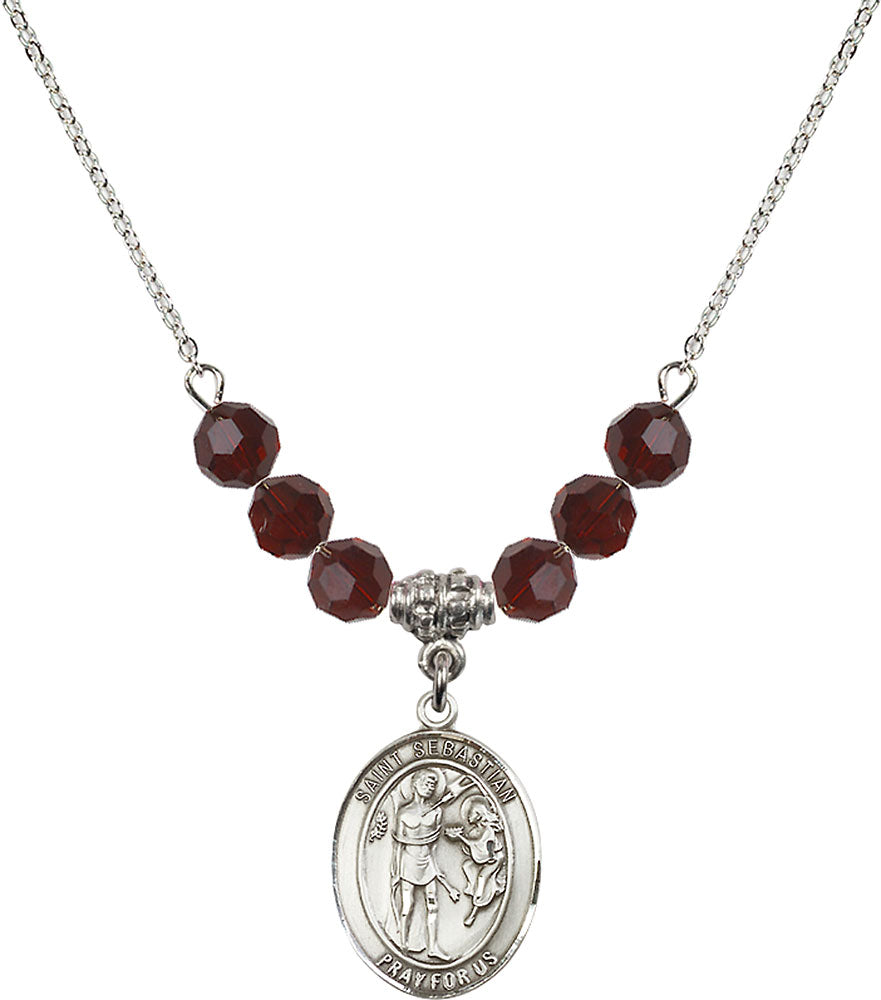 Sterling Silver Saint Sebastian Birthstone Necklace with Garnet Beads - 8100