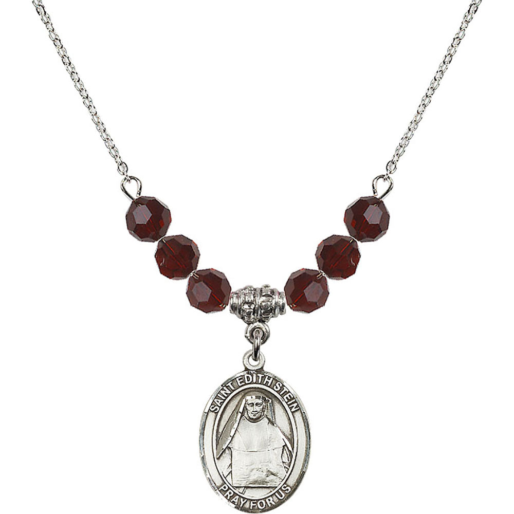 Sterling Silver Saint Edith Stein Birthstone Necklace with Garnet Beads - 8103