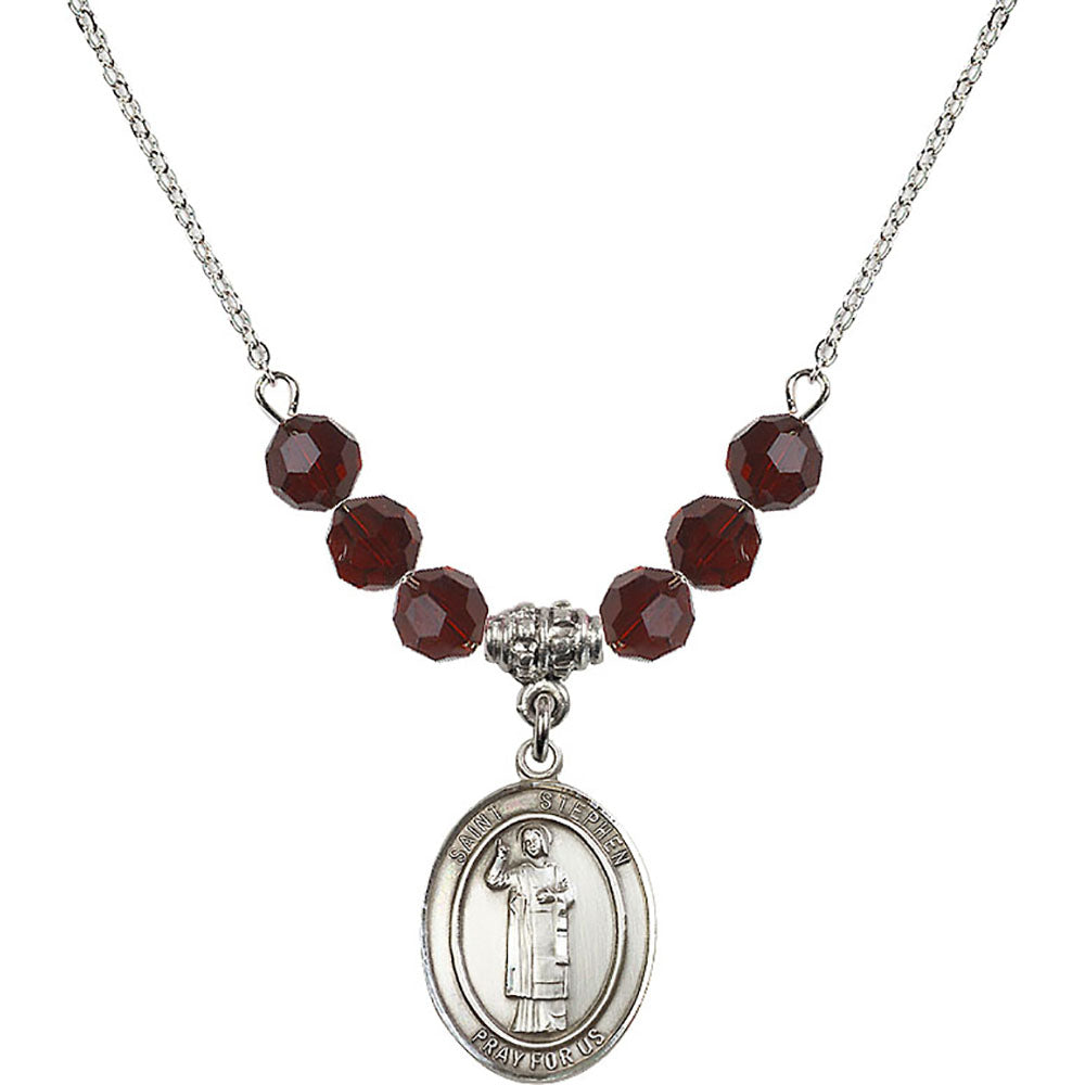 Sterling Silver Saint Stephen the Martyr Birthstone Necklace with Garnet Beads - 8104
